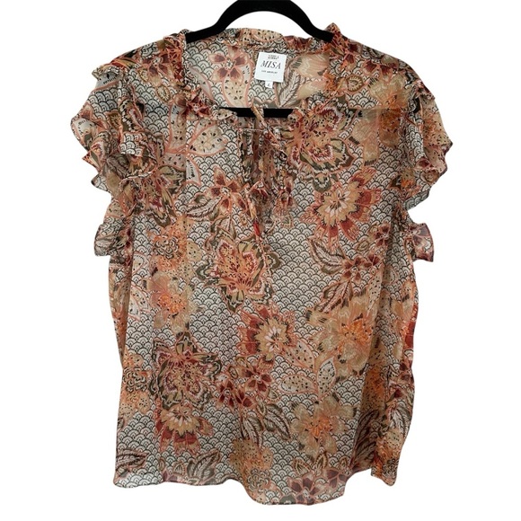 Misa Los Angeles Tops - Misa Los Angeles Women’s Short Flutter Sleeve Tie V-Neck Blouse Sz L GUC